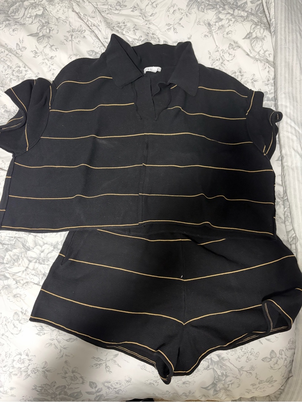 Black & Gold Striped Knit Polo Top and Shorts Set